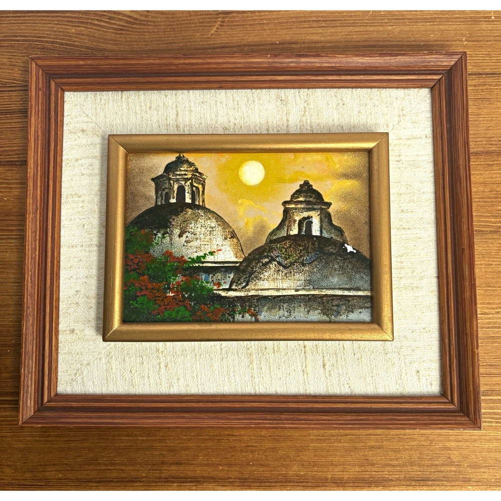Vintage Original Oil Painting Two Domed Churches Mission Landscape Framed 12x10
